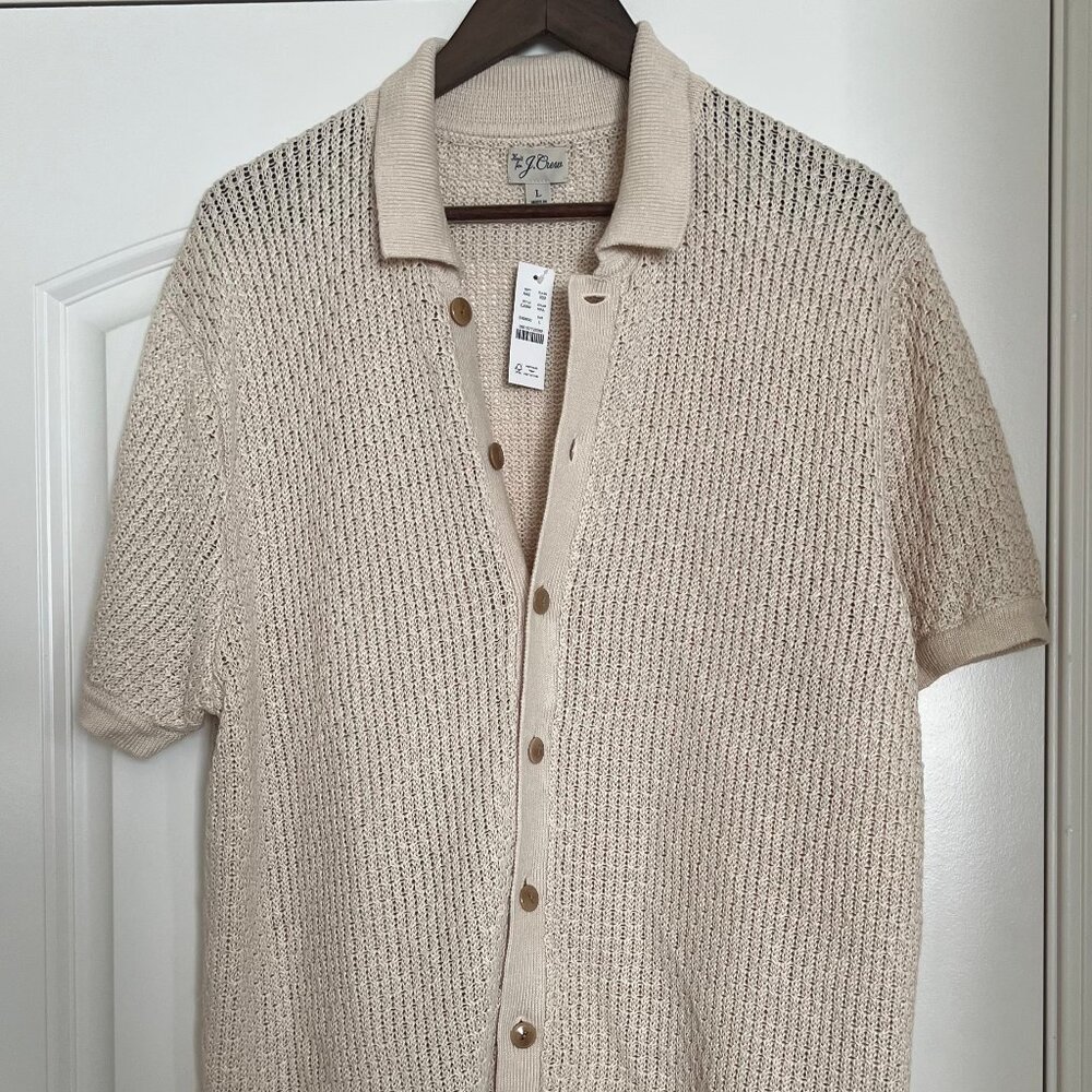 Men's J.Crew Cream Short-Sleeve Linen Polo Cardigan Size L NWT